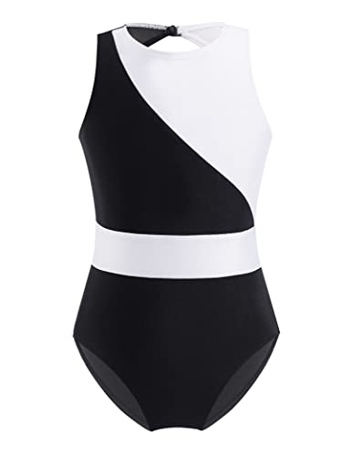 Hedmy Mädchen Turnanzug Gymnastikanzug Ärmellos Tanz Body Overalls Trikot Leotards Kinder Gymnastik Wettkampf Kostüm 3-14 Jahre Schwarz&Weiss 158-164 von Hedmy