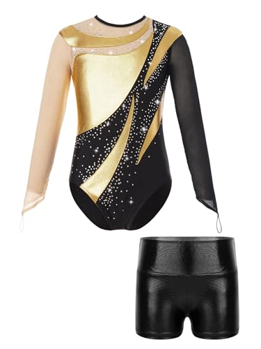 Hedmy Mädchen Turnanzug Gymnastikanzug Langarm Tanz Bekleidung Set Turnen Trikot Overall mit Kurze Hose Wettbewerb Tanzkostüm Gold & Schwarz 146-152 von Hedmy