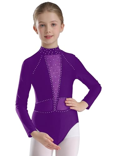 Hedmy Mädchen Turnanzug Langarm Gymnastikanzug Trikot Glänzend Leotards Gymnastik Wettkampf Kostüm 5-16 Jahre Violett 146-152 von Hedmy