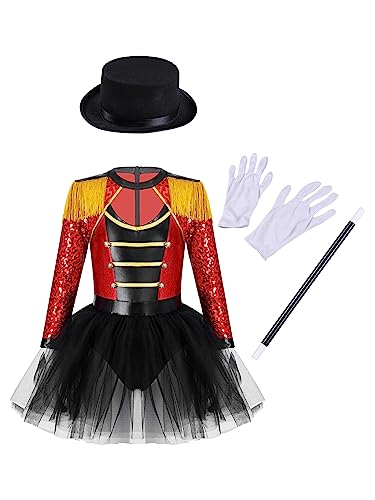 Hedmy Mädchen Zirkus Kostüm Kleid Langarm Zirkusdirektor Kleid mit Quaste Glitzer Halloween Kostüm Cosplay Party Tanzkleidung Rot 146-152 von Hedmy