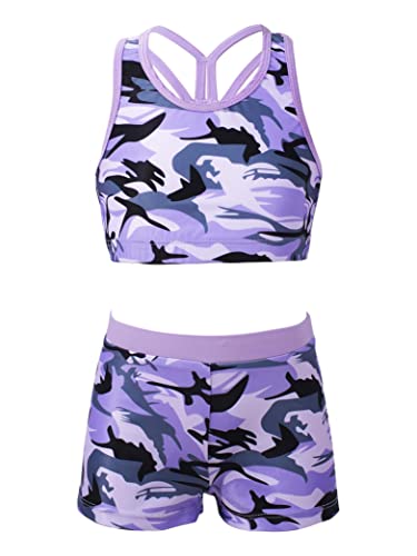 Hedmy Mädchen Zweiteiler Badeanzug Tankini Set Bikini Tops + Badehose Schwimmanzug Bademode Kinder Schwimmanzug Swimwear Gr.98-176 Camouflage Lila 122-128 von Hedmy