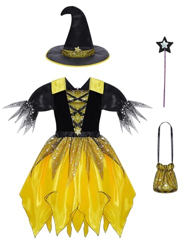 Hedmy Prinzessin Hexenkostüm Kinder Mädchen Kleid mit Hut Halloween Hexe Kostüm Fasching Karneval Gr 92-152 Gelb C 104-110 von Hedmy
