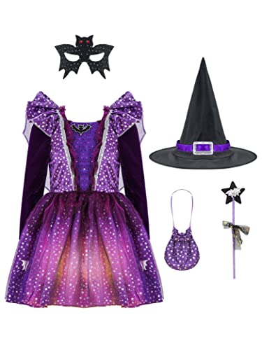 Hedmy Prinzessin Hexenkostüm Kinder Mädchen Kleid mit Hut Halloween Hexe Kostüm Fasching Karneval Gr 92-152 Lila mit Lichter 146-152 von Hedmy