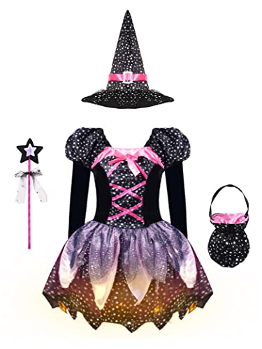 Hedmy Prinzessin Hexenkostüm Kinder Mädchen Kleid mit Hut Halloween Hexe Kostüm Fasching Karneval Gr 92-152 Rosa mit Lichter 104-110 von Hedmy