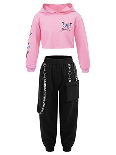 Hedmy Teenager Mädchen Jogginganzug Sportanzug Langarm Crop Top Pullover mit Hose Trainingsanzug Hip Hop Tanz Kleidung Set Rosa 122-128 von Hedmy