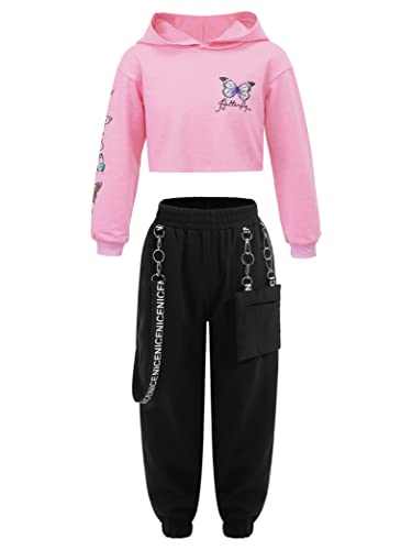 Hedmy Teenager Mädchen Jogginganzug Sportanzug Langarm Crop Top Pullover mit Hose Trainingsanzug Hip Hop Tanz Kleidung Set Rosa 146-152 von Hedmy