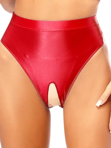 Hedmy Unterhosen Damen Glänzend Hoher Taille Slips Weiche Unterwäsche Frauen Ouvert-Slip Unterhose Erotik Hipster Unterwäsche Burgundy XL von Hedmy