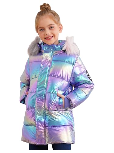 Hedmy Winterjacke Mädchen Metallic Kapuzen Jacke mit Kapuze Langarm Warme Steppjacke Kinder Wintermantel Oberbekleidung Violett 122-128 von Hedmy