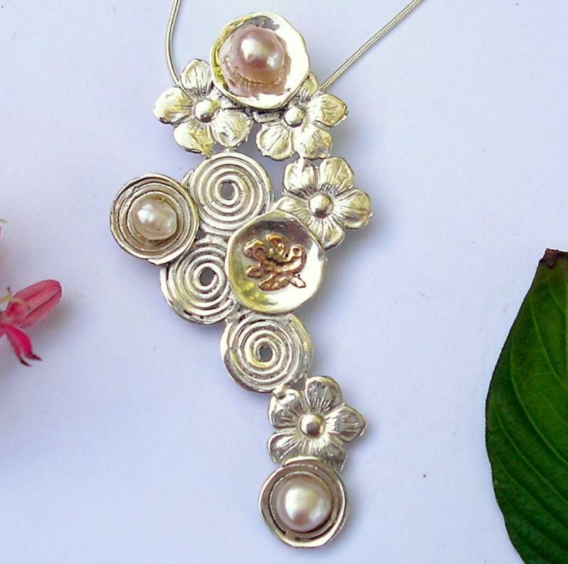 Perlen, Blumen, Spiralen, , Sterling Silber, Gold, Kaskade Halskette, Handgemacht von HedvaElanyJewelry