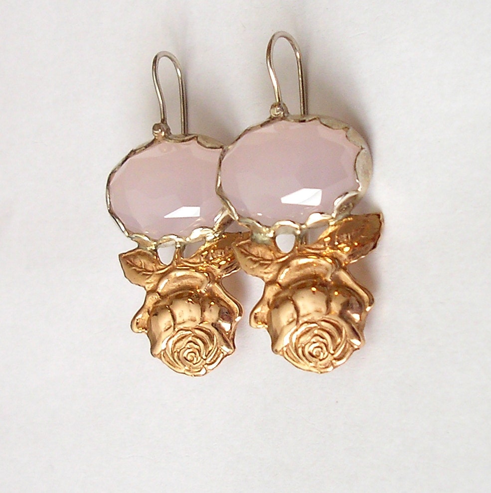 Rose Ornament Ohrhänger, Ohrhänger Aus Silber 925 Mit Gold Besetzt Rosenquarz | Ebe.063 von HedvaElanyJewelry