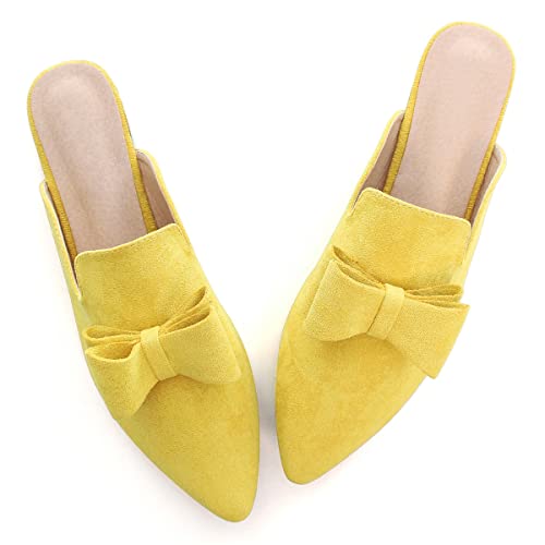 Hee grand Damen Pantoletten mit Schleife, elegant, beflockt, spitzer Zehenbereich, Slipper, flache Schuhe, 1-gelb, 38 EU von Hee grand