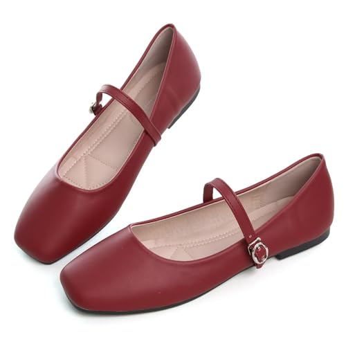 Hee grand Mary Jane Schuhe für Damen, elegante Ballerinas mit quadratischem Zehenbereich, mit Riemen, bequeme Wanderschuhe, weiches Leder, elegante Schuhe, 484-Rot, 40.5 EU von Hee grand