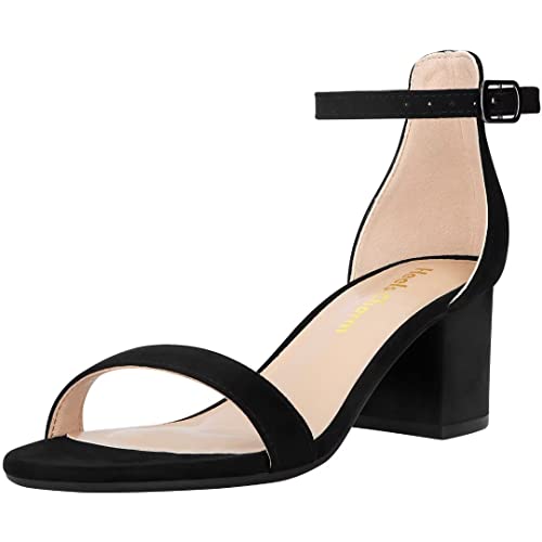 Damen Riemchensandalen Chunky Block Low Heeled 5,1 cm Offener Zehenbereich Knöchelriemen High Heel Kleid Sandalen Tägliche Arbeit Party Schuhe, Samt, Schwarz, 5,1 cm, 38.5 EU von Heels Charm