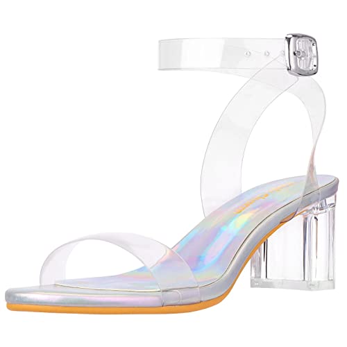Damen Riemchensandalen Chunky Block Low Heeled 5,1 cm Offener Zehenbereich Knöchelriemen High Heel Kleid Sandalen Tägliche Arbeit Party Schuhe, Transparenter Block, Silber, 39 EU von Heels Charm