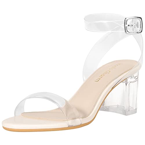 Damen Riemchensandalen Chunky Block Low Heeled 5,1 cm Offener Zehenbereich Knöchelriemen High Heel Kleid Sandalen Tägliche Arbeit Party Schuhe, Transparentes Block-Beige, 39 EU von Heels Charm