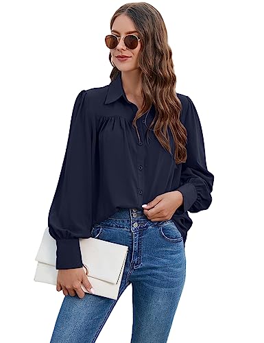 Bluse Damen Chiffon Elegant Langarm Shirt V-Ausschnitt Solidebluse Hemden mit Knöpfen Casual Büro Arbeit Blusen Tunika Hemd Oberteile Tops für Frauen Lässig Blusen mit Reverskragen von Heersan