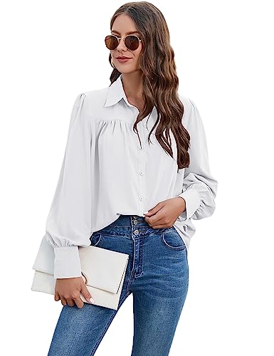 Bluse Damen Chiffon Elegant Langarm Shirt V-Ausschnitt Solidebluse Hemden mit Knöpfen Casual Büro Arbeit Blusen Tunika Hemd Oberteile Tops für Frauen Lässig Blusen mit Reverskragen von Heersan