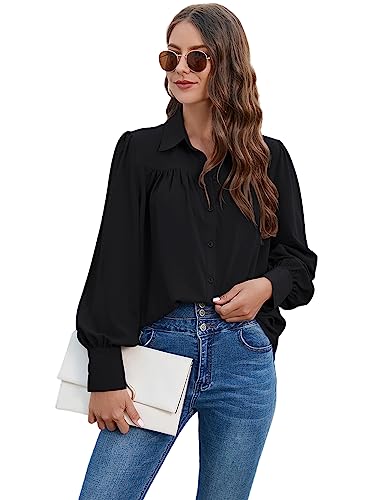 Bluse Damen Chiffon Elegant Langarm Shirt V-Ausschnitt Solidebluse Hemden mit Knöpfen Casual Büro Arbeit Blusen Tunika Hemd Oberteile Tops für Frauen Lässig Blusen mit Reverskragen von Heersan