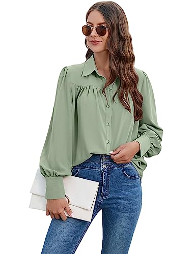 Bluse Damen Chiffon Elegant Langarm Shirt V-Ausschnitt Solidebluse Hemden mit Knöpfen Casual Büro Arbeit Blusen Tunika Hemd Oberteile Tops für Frauen Lässig Blusen mit Reverskragen von Heersan