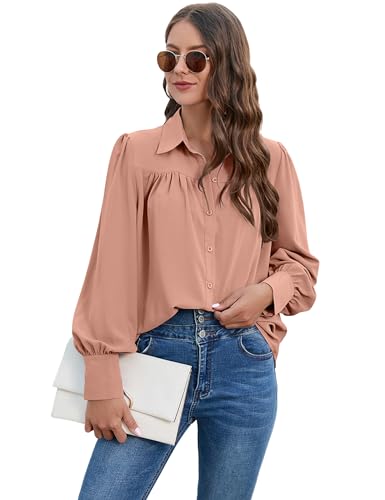 Bluse Damen Chiffon Elegant Langarm Shirt V-Ausschnitt Solidebluse Hemden mit Knöpfen Casual Büro Arbeit Blusen Tunika Hemd Oberteile Tops für Frauen Lässig Blusen mit Reverskragen von Heersan