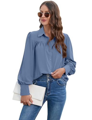 Bluse Damen Chiffon Elegant Langarm Shirt V-Ausschnitt Solidebluse Hemden mit Knöpfen Casual Büro Arbeit Blusen Tunika Hemd Oberteile Tops für Frauen Lässig Blusen mit Reverskragen von Heersan