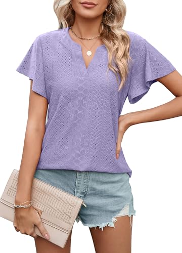 Heersan Tshirt Damen Kurzarm Bluse V Ausschnitt Musselin Casual Sommer Einfarbig Oberteile mit Rüschenärmeln Lässig Tunika für Damen von Heersan