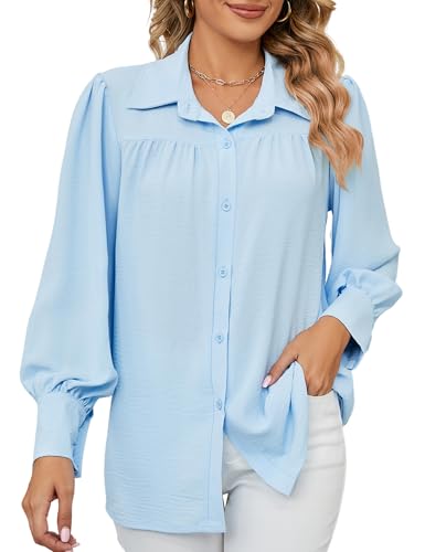Bluse Damen Lässiges Hemd mit V-Ausschnitt Elegant Langarm Oberteile Lose Tops Button Down Tunika Chiffon Blusen von Heersan