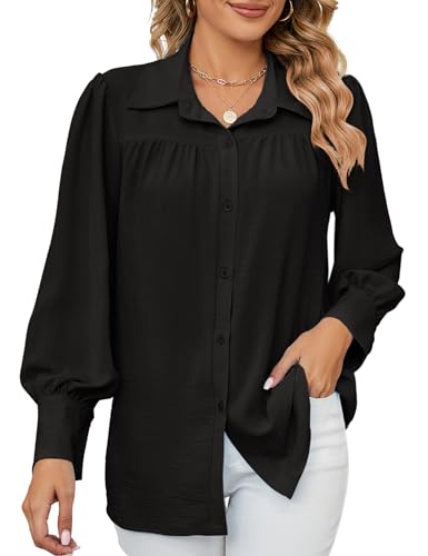 Bluse Damen Lässiges Hemd mit V-Ausschnitt Elegant Langarm Oberteile Lose Tops Button Down Tunika Chiffon Blusen von Heersan