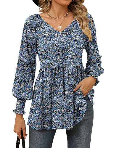 Bluse Damen Langarm Longshirt Elegant Lässige Boho V-Ausschnitt Oberteile Blumenmuster Lose Tunika Casual Blusen T Shirt, S-XXL von Heersan