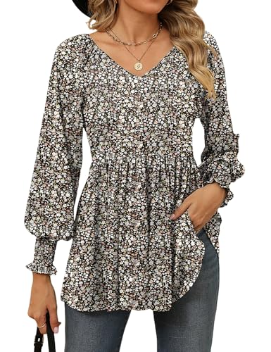 Bluse Damen Langarm Longshirt Elegant Lässige Boho V-Ausschnitt Oberteile Blumenmuster Lose Tunika Casual Blusen T Shirt, S-XXL von Heersan