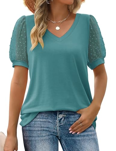 Bluse Damen Spitze Kurzarm Elegant Oberteile Musselin Blusenshirt V Ausschnitt Lässige Arbeit Shirt Hemd für Sommer Tunika von Heersan