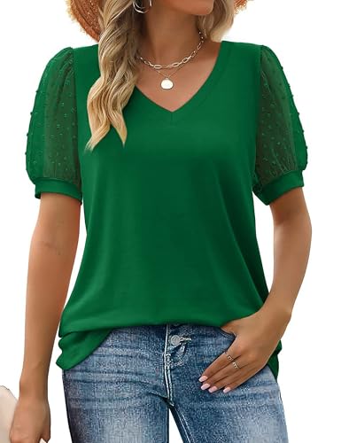 Bluse Damen Spitze Kurzarm Elegant Oberteile Musselin Blusenshirt V Ausschnitt Lässige Arbeit Shirt Hemd für Sommer Tunika von Heersan
