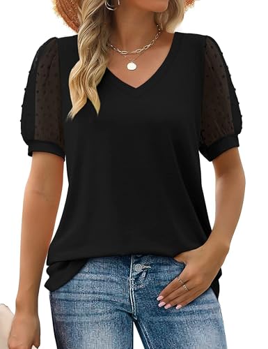 Bluse Damen Spitze Kurzarm Elegant Oberteile Musselin Blusenshirt V Ausschnitt Lässige Arbeit Shirt Hemd für Sommer Tunika Bluse Damen Spitze Kurzarm Elegant Oberteile Musselin Blusenshirt V Ausschnitt Lässige Arbeit Shirt Hemd für Sommer Tunika von Heersan