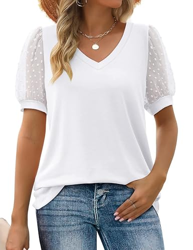 Bluse Damen Spitze Kurzarm Elegant Oberteile Musselin Blusenshirt V Ausschnitt Lässige Arbeit Shirt Hemd für Sommer Tunika von Heersan
