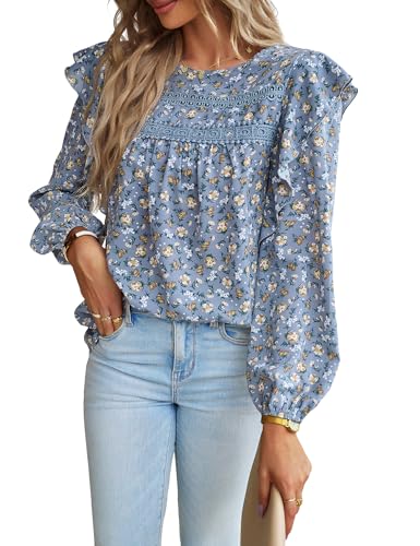 Chiffon Bluse Damen Elegant Top mit Rundhals Ruffle Langarm Hemd Blumentops T-Shirt Festliche Oberteile Damen Tunika Lässige Streetwear von Heersan