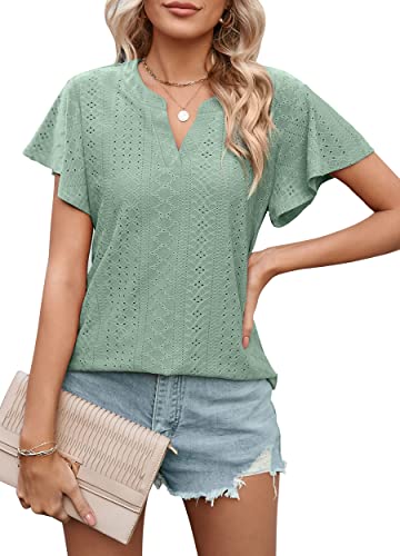 Heersan Tshirt Damen Kurzarm Bluse V Ausschnitt Musselin Casual Sommer Einfarbig Oberteile mit Rüschenärmeln Lässig Tunika für Damen von Heersan