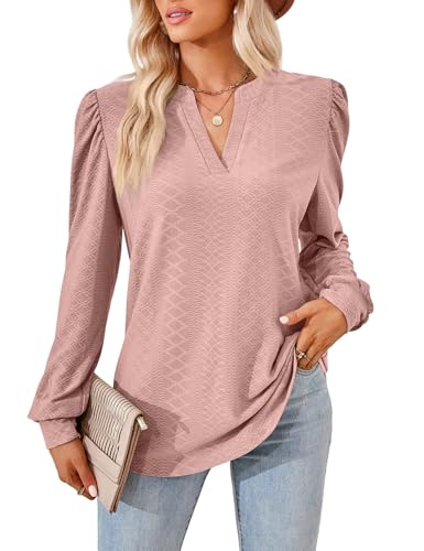 Damen Elegant Bluse Langarm T-Shirt Damen V-Ausschnitt Tops Tunika Einfarbig Herbst Blusen Casual Langarmshirt Oberteile Kleidung Frau S-XXL von Heersan