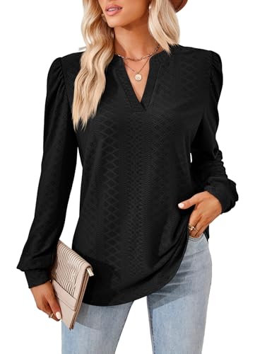 Damen Elegant Bluse Langarm T-Shirt Damen V-Ausschnitt Tops Tunika Einfarbig Herbst Blusen Casual Langarmshirt Oberteile Kleidung Frau S-XXL von Heersan