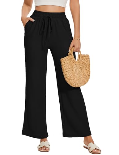 Damen Hosen Weite Lose Gerade Geschnitten Palazzo Hose Hohe Taille Dehnbar Lounge Elegante Hose mit Taschen Einfarbig Freizeithose Leichte Sommerhose Damen von Heersan