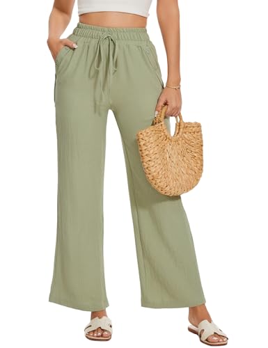 Damen Hosen Weite Lose Gerade Geschnitten Palazzo Hose Hohe Taille Dehnbar Lounge Elegante Hose mit Taschen Einfarbig Freizeithose Leichte Sommerhose Damen von Heersan
