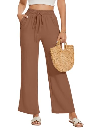 Damen Hosen Weite Lose Gerade Geschnitten Palazzo Hose Hohe Taille Dehnbar Lounge Elegante Hose mit Taschen Einfarbig Freizeithose Leichte Sommerhose Damen von Heersan