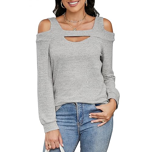 Damen Tshirts mit Langarm Schulterfrei Quadratischer Ausschnitt Oberteile Elegant Tunika Bluse Cut Out Damen Sexy Shirts Herbst/Winter Top (Größe: S-XXL) von Heersan