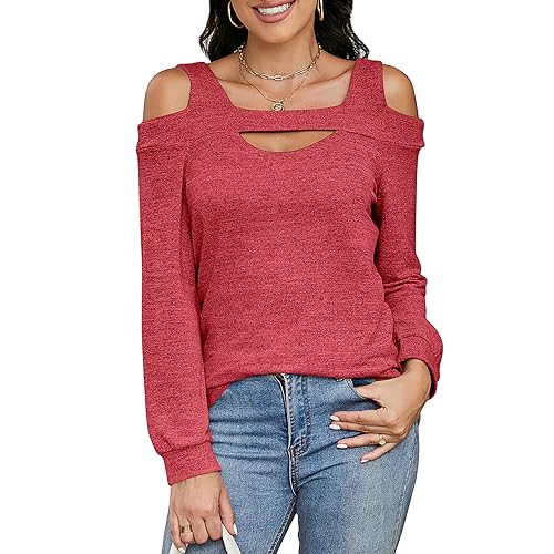 Damen Tshirts mit Langarm Schulterfrei Quadratischer Ausschnitt Oberteile Elegant Tunika Bluse Cut Out Damen Sexy Shirts Herbst/Winter Top (Größe: S-XXL) von Heersan