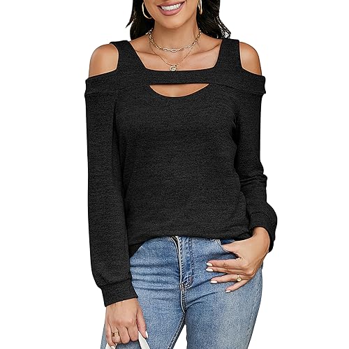 Damen Tshirts mit Langarm Schulterfrei Quadratischer Ausschnitt Oberteile Elegant Tunika Bluse Cut Out Damen Sexy Shirts Herbst/Winter Top (Größe: S-XXL) von Heersan