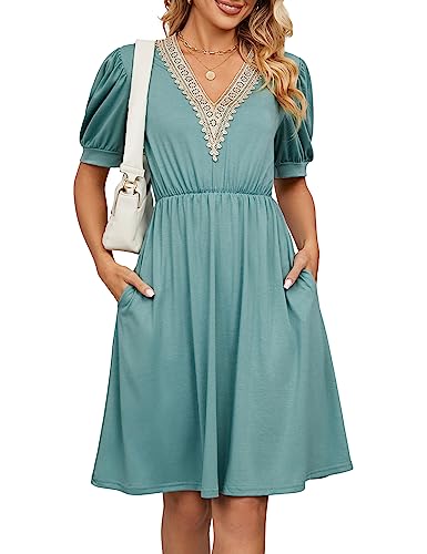 Damen Sommerkleid Kurzarm V-Ausschnitt Kleider Strandkleid Leichte Lässige Boho Freizeitkleid A-Linie Kleider Mit Taschen von Heersan