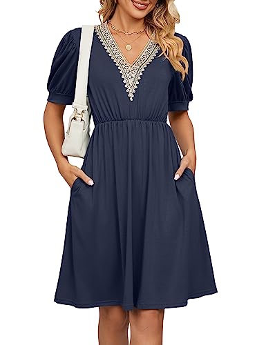 Damen Sommerkleid Kurzarm V-Ausschnitt Kleider Strandkleid Leichte Lässige Boho Freizeitkleid A-Linie Kleider Mit Taschen von Heersan