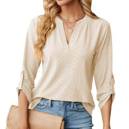 Damen V-Ausschnitt 3/4 Ärmel Bluse Causal Lässige Elegant Fahion Jacquardgewebe Oberteile Oberteil Tops Langarmshirt Shirts Tunika Hemd Bluse von Heersan