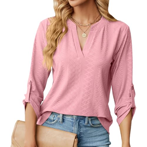 Damen V-Ausschnitt 3/4 Ärmel Bluse Causal Lässige Elegant Fahion Jacquardgewebe Oberteile Oberteil Tops Langarmshirt Shirts Tunika Hemd Bluse von Heersan