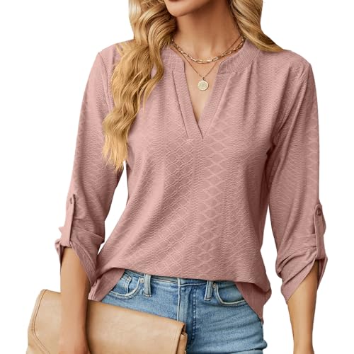 Damen V-Ausschnitt 3/4 Ärmel Bluse Causal Lässige Elegant Fahion Jacquardgewebe Oberteile Oberteil Tops Langarmshirt Shirts Tunika Hemd Bluse von Heersan