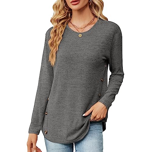 Einfarbiger Langarmshirt Damen Rundhalsausschnitt Gestricktes Pullover mit Knopfdetail Casual T-Shirt Lockere Passform Tops Tunika Oberteile Damen Herbst S-XXL von Heersan